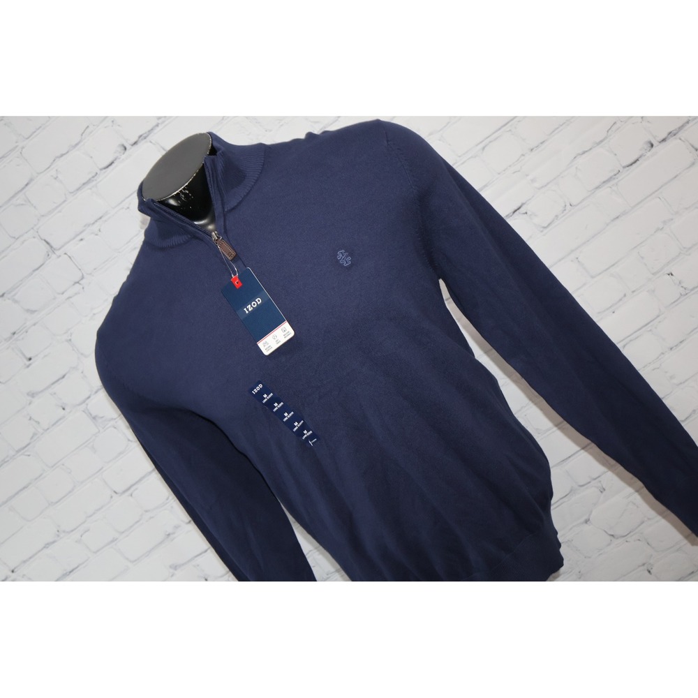 IZOD Pullover Sweater Men Medium Peacoat Blue 1/4 Zip Long Sleeve Soft Touch NEW